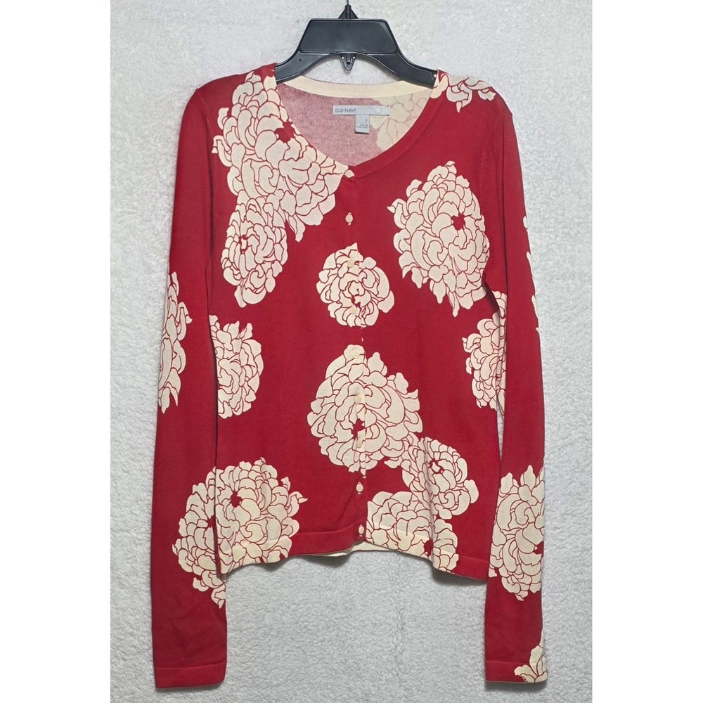 Old Navy Women's Red Floral Peony Cotton Button Front Cardigan Sweater Small